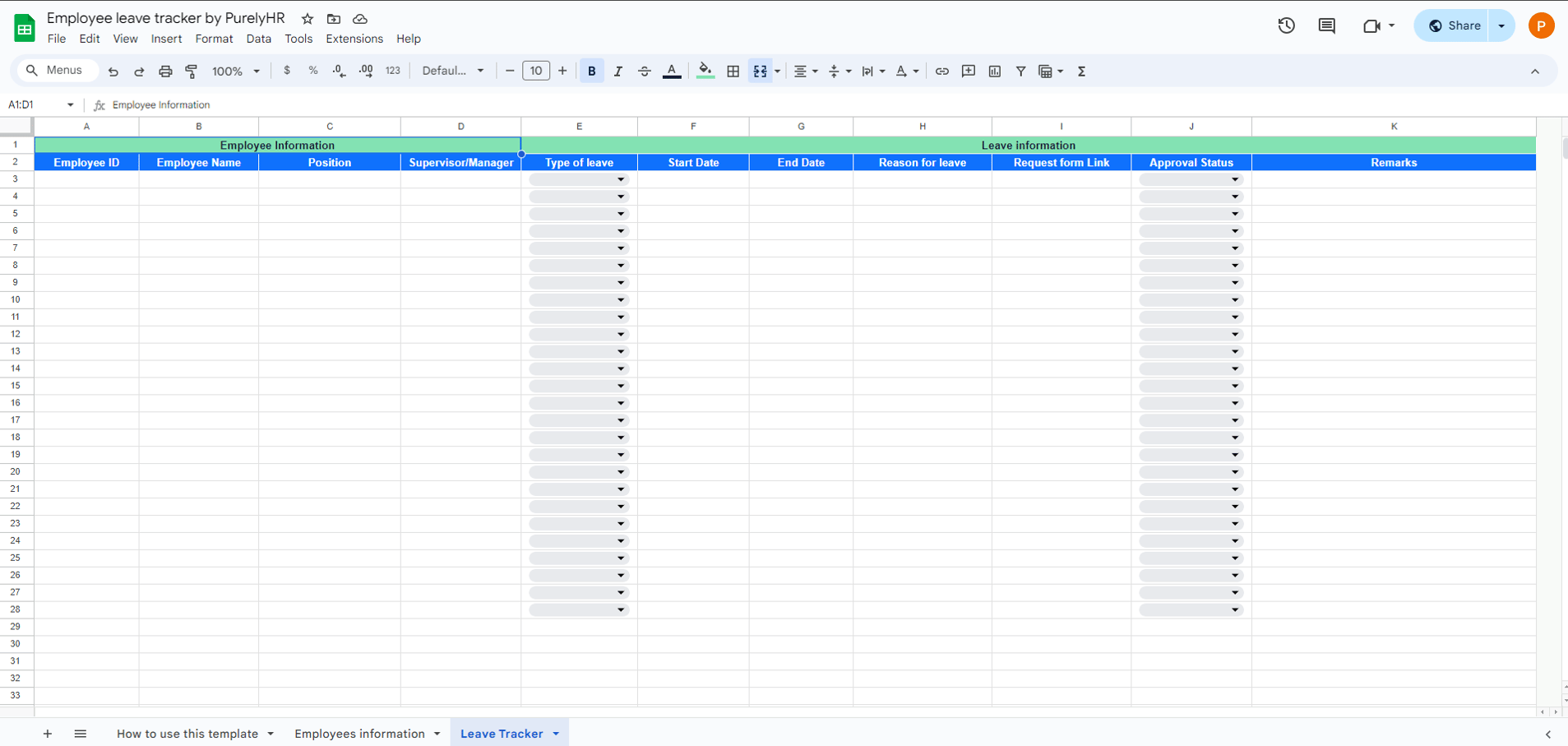 employee leave tracker whole sheet