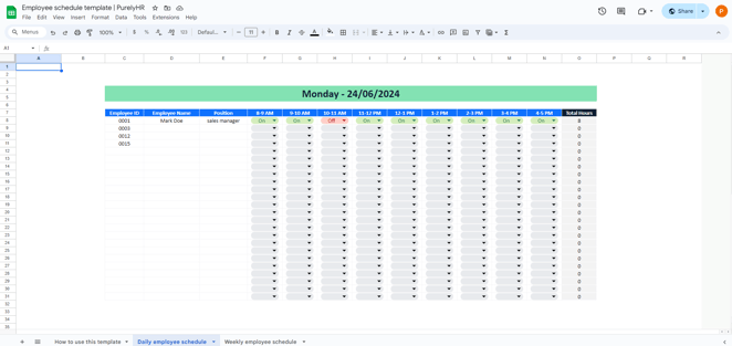 Employee Schedule excel template screen view