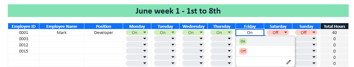 Weekly work hours schedule template screen view