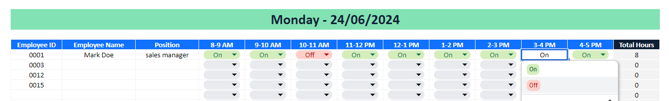 Daily work hours schedule template screen view